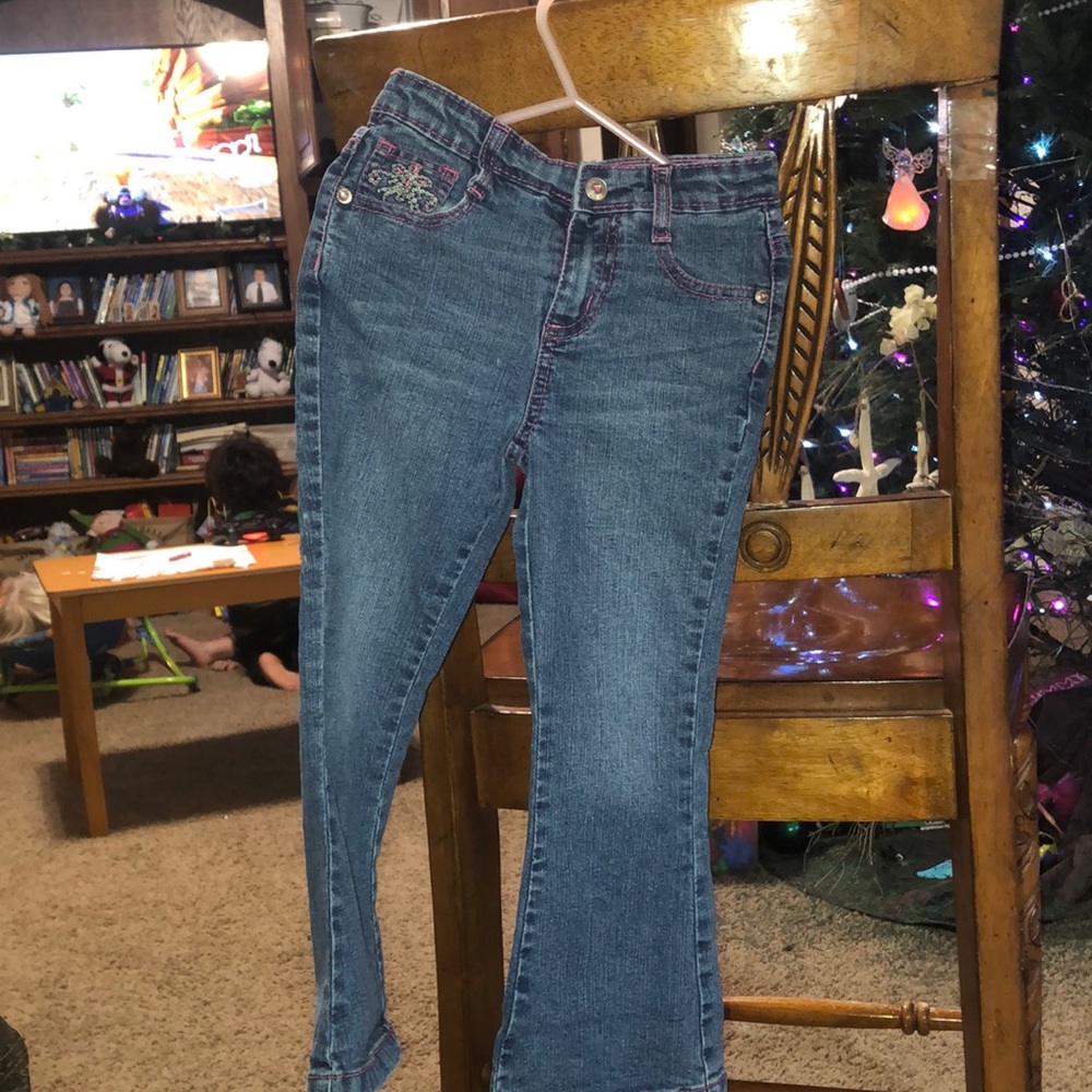 Girls bootcut jeans w/adjustable waist pink stitch
